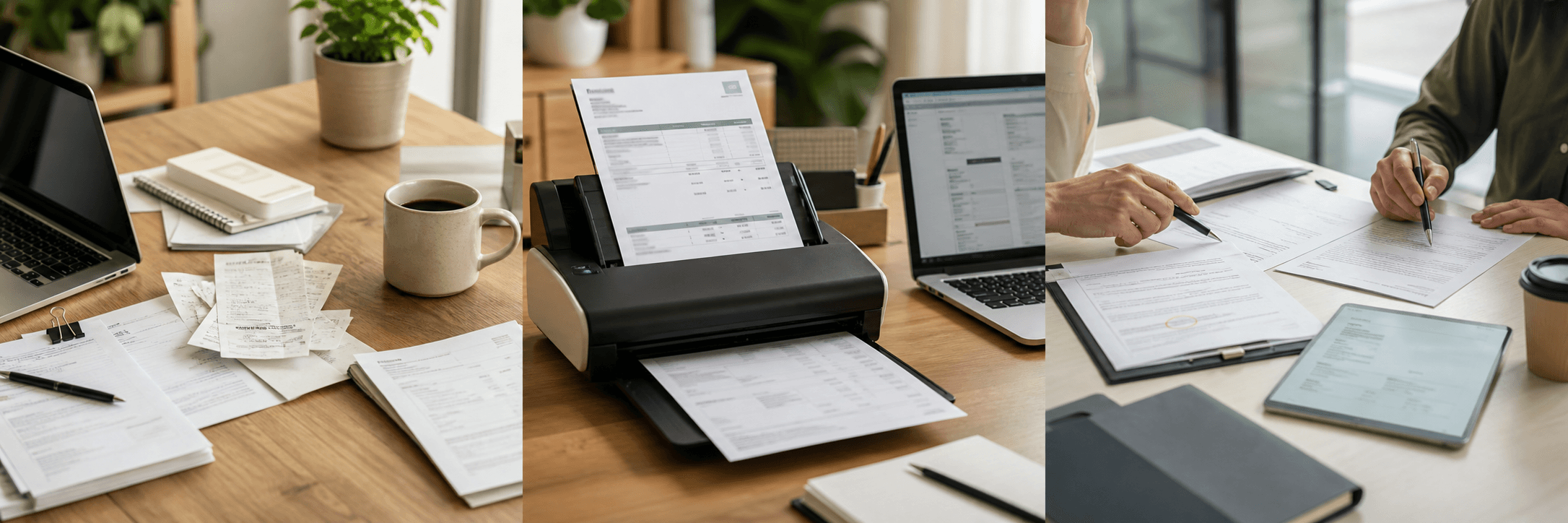 Personal paperwork, document scanning, and review desk scenes